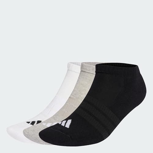 Image of adidas Unisex CUSHIONED ESSENTIALS LOW CUT SOCKS 3 PAIR PACK, medium grey heather/white/black, 8.5-10