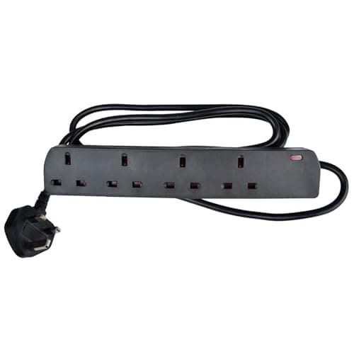 Image of Mercury 4 Gang Extension Lead 2.0 Metre Black UK 13 Amp Rated 4 Socket Extension Lead, 4 Way Power Strip, Wall Mountable Cable Extension for Home or Office use, full Copper Conductor