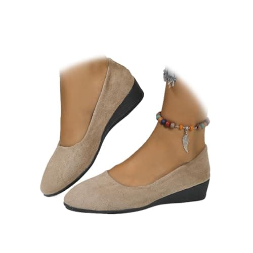 Image of Women's Comfortable Arch Support Wedge Slip-On Shoes, Lightweight Leather Shoes Low Heel Wedge Casual Work Ballerina Court Shoes (Khaki b,4)
