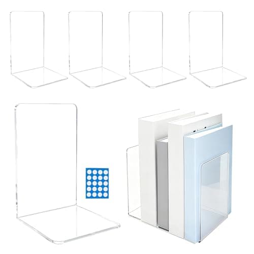 Image of 5 Pack Clear Acrylic Bookends with 20 Anti Slip Dots, Thick Transparent Book Ends for Shelves, Desk, Office and Bookshelf Organisation