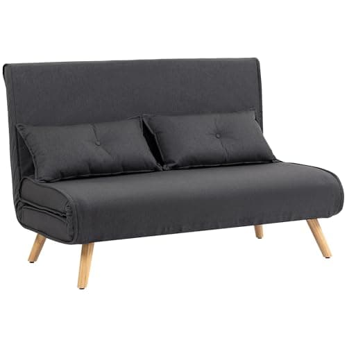 Image of HOMCOM 2 Seater Sofa Bed, Click Clack Convertible Bed Settee with Adjustable Backrest, Modern Linen Feel Fabric Recliner Sofa Couch with Pillows for Living Room, Bedroom, Guest Room, Charcoal Grey