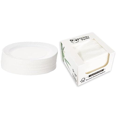 Image of bar@drinkstuff Paper Plates 15cm - Pack of 100 & The Cheeky Panda Bamboo Paper Disposable Napkins | Pack of 100 White Cocktail Napkins | 25 x 25cm | 2 Ply Paper Serviettes