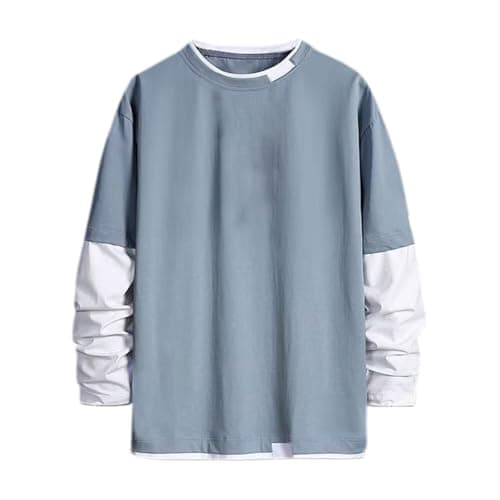 Image of WINWUQB Mens Long Sleeve T Shirt Layered Color Block Casual Fashion Tops Regular Fit Crew Neck Pullover Autumn Spring Lightweight Comfort Tees (Blue,L)