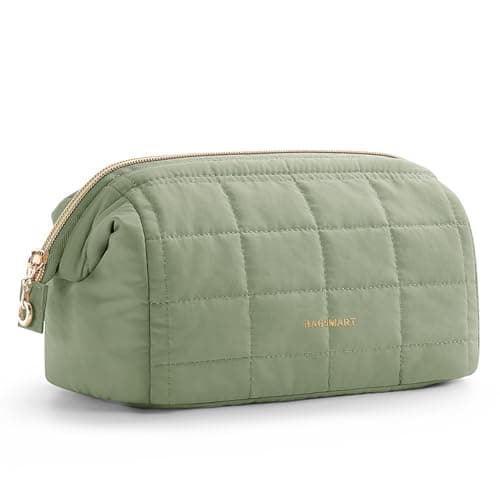 Image of BAGSMART Makeup Bag Travel Cosmetic Bag, Puffy Padded Make Up Bags for Women Large Capacity Makeup Organizer Case, Wide-Open Pouch Purse Travel Essentials Toiletries Accessories Brushes, Green