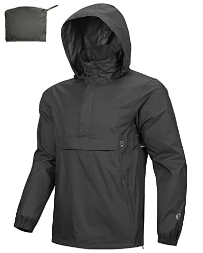 Image of Outdoor Ventures Rain Jacket for Men Waterproof Pullover Lightweight Hooded Outdoor Raincoat Packaway Breathable Reflective Anorak Jacket for Travelling, Camping, Running, Hiking, Black S