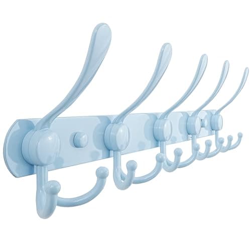 Image of Dseap Coat Rack Wall Mounted - 5 Tri Hooks, Heavy Duty, Stainless Steel, Metal Coat Hook Rail for Coat Hat Towel Purse Robes Mudroom Bathroom Entryway, Blue