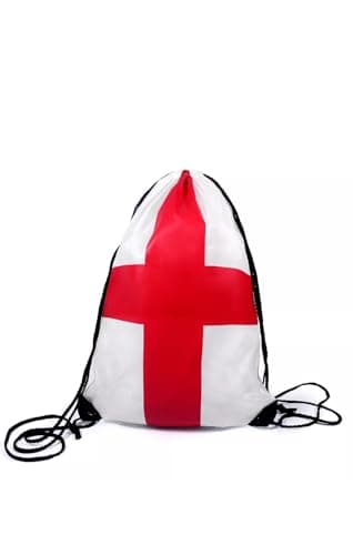 Image of England St George Flag Drawstring Gym Bag, White and Red Cross Design, Sports Football Rucksack, PE School Swimming Kit, Football Fan