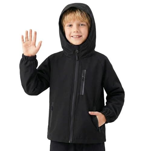 Image of Domueay Boys Waterproof Jacket Kids Hooded Lightweight Windproof Raincoat with Reflective Strips Zip Pockets Coat for School Outdoor Unisex Outerwear Age 9-10 Years, Black