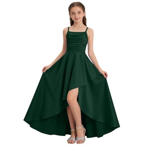 Image of Girl's Party Dresses, Kids Spaghetti Strap Junior Bridesmaid Dresses Silk Satin Flower Girl Dress Casual Fancy Dress Daily Wear Special Occasions Green 11-12 Years