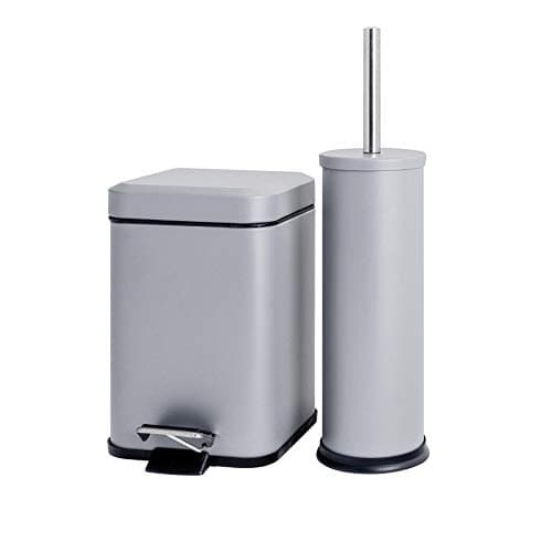 Image of Harbour Housewares 3L Bathroom Bin & Brush Set - Matte Grey - 2pc Mismatched Stainless Steel Square Pedal Bin & Round Toilet Brush Set Slim Small Trashcan for Kitchen Waste, Bathroom Rubbish