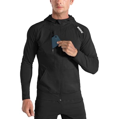 Image of BROKIG Mens Zip Hoodies, Lightweight Running Gym Jacket Training Tracksuit Sports Tops with Pockets (Black, Large)