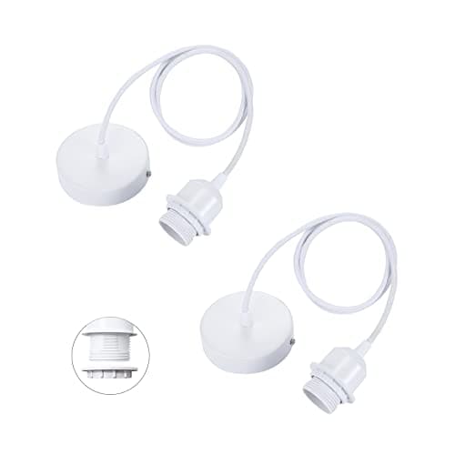 Image of Linkind 2-Pack Metal E27 Pendant Light Fitting, Modern Industrial Lamp Holder with Lock Ring, 100cm Braided Flexible Cable, White