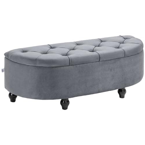 Image of HOMCOM Semi-Circle Ottoman Storage Bench, Bed End Bench, Tufted Upholstered Window Seat Footrest Stool with Rubberwood Legs for Bedroom & Entryway, 120 x 46 x 42 cm, Dark Grey