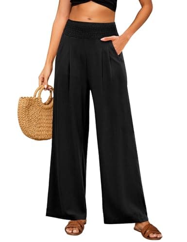 Image of PASUDA Women's Linen Trousers Wide Leg Elastic High Waist Pants Summer Palazzo Trousers with Pockets Ladies Cotton Solid Color Straight Leg Long Pants Casual Beach Holiday (Black, XXL)