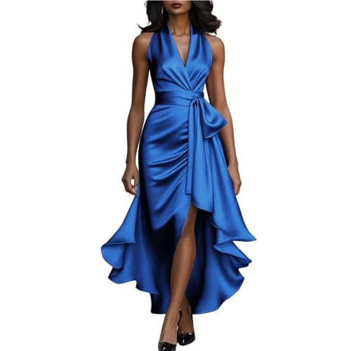 Image of Zeiayuas Elegant Dress for Women UK Satin Silk Halter Neck Ruffle Dresses Party Evening Clubwear Maxi Dress Elegant Sexy Casual Cocktail V Neck Dresses Wedding Guest Outfit Blue