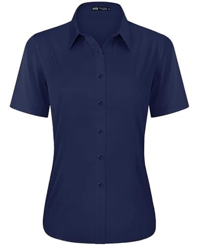 Image of J.VER Womens Shirts Short Sleeve Navy Blue Summer Fitted Stretch Business Casual Button Down Shirt Formal Dress Work Ladies Tops Blouses L