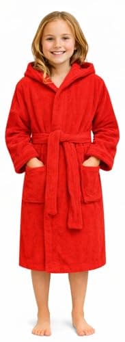 Image of Adore Home Kid's 100% Cotton Terry Towelling Hooded Shawl Collar Bathrobe (AGE 10-11, Red)