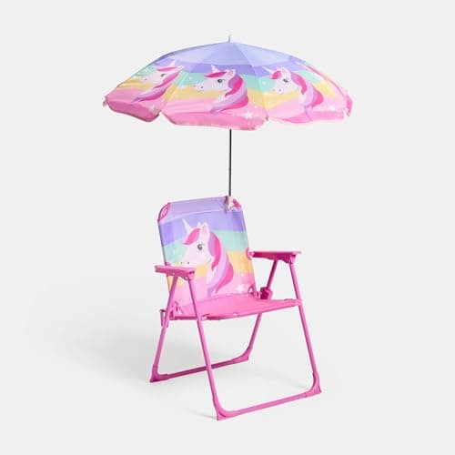 Image of OHS Kids Camping Chair Unicorn, Kids Beach Chair with Umbrella Lightweight Comfy Steel Frame Folding Childrens Camping Chairs Perfect for Camping Trips Beach Garden, Pink