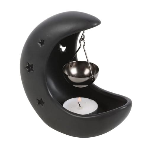 Image of Black Crescent Moon Hanging Oil Burner - Elegant Metal Aromatherapy Holder for Relaxing Atmosphere, Perfect Home Décor Accent