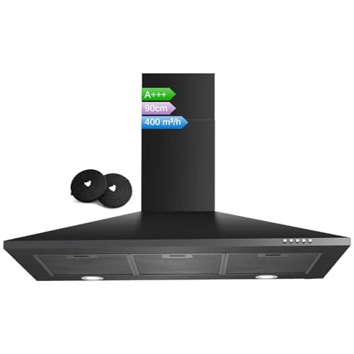 Image of SNDOAS 90 cm Cooker Hood, Class A+++, 3-Speed Wall Mounted Range Hood, Extractor Hood, 400m³/h Extractor Fan kitchen with Carbon Filters, Black