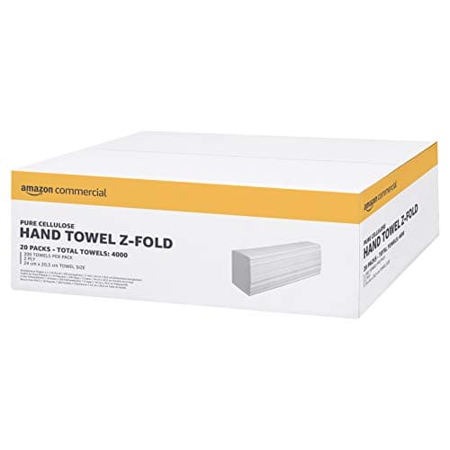 Image of AmazonCommercial Multifold (Z-Fold) Paper Hand Towels, 2-ply Cellulose, 4000 Sheets (20 packs of 200), Sheet Size: 24 x 20.3 cm, H2 Dispenser Compatible