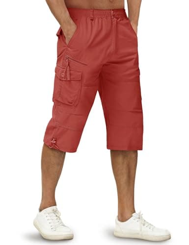 Image of TACVASEN Men's Red Cotton Cargo Shorts - 15 Inch Inseam - Relaxed Fit - 7 Pockets - Hiking