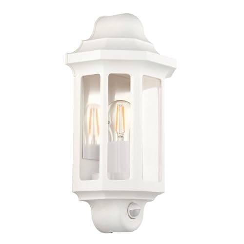 Image of Half Lantern Wall Light Traditional Outdoor 15W LED E27 GLS IP44 Matt Garden Lamp (White, with PIR)