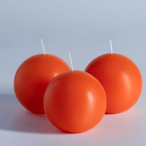 Image of MOZEAL Hand-Poured, 3 Inch Orange Round Ball Candles - Elegant Orange Round Pillar Candles Set of 3, Dripless, Unscented, Smokeless, Ideal for Halloween Decor.