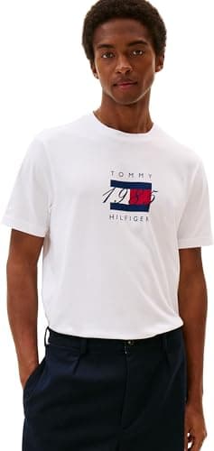 Image of Tommy Hilfiger Men’s Short Sleeve Linear Flag Graphic Regular Fit T-Shirt, White (White), XXL