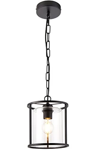 Image of National Lighting Pendant Light - Cylindrical Shape Single Lamp Fitting in Matt Black & Clear Glass Finish - Height Adjustable Ceiling Light for Bedroom or Living Room - 10W LED E27 (Required)