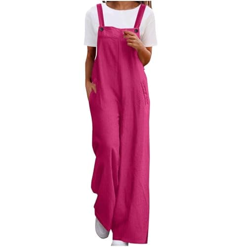 Image of VPQILH Women's Corduroy Dungarees, Ladies Adjustable Straps Jumpsuit Straight Leg Romper Sleeveless Bib Overalls Solid Color Playsuit with Pockets Bodysuit Classic Jumpsuits UK Hot Pink