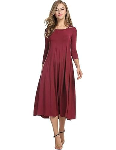 Image of HOTOUCH Midi Dress for Women A Line 3/4 Sleeve Dresses Elegant Summer Tunic Dress Crew Neck Long Dresses with Pockets Wine Red XXL