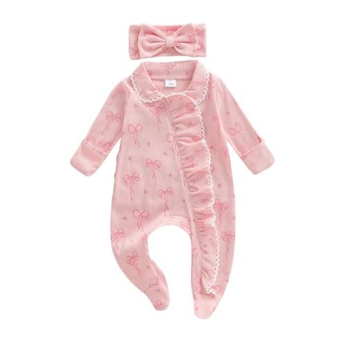 Image of Hdjbinsk Newborn Girl Fall Romper Waffled Bow Print Bodysuit Long Sleeve Bow Print Zip Up Footed Waffle Jumpsuit With Headband Baby Girls 2 Pcs Footie Romper Set One Piece Jumpsuit (Pink, 0-3 Months)