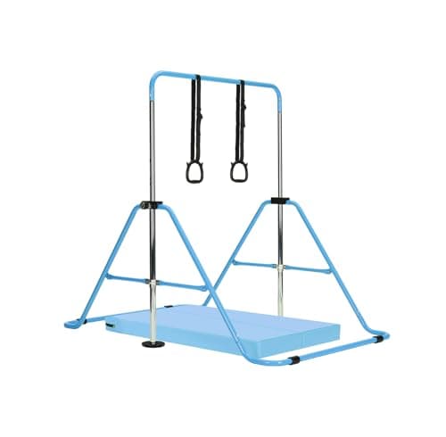 Image of M.J COMFY-LIFE Kids Gymnastics Bar with Mat – Adjustable Easy Assembly Training Kip Bar Horizontal Bar for Home, Gymnastics Equipment for Kid 5-12 years (Blue)