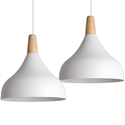 Image of iDEGU Set of 2 Retro Pendant Ceiling Lights Modern Drop Style Hat Lampshade E27 Ceiling Light Retro Light Fixture in Metal Wood Pendant Lamp for Bedroom, Dining Room, Kitchen, Φ 20 cm (White)
