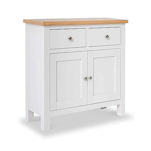 Image of RoselandFurniture Farro Mini White Sideboard for Living Room Painted Small Storage Cabinet | Fully Assembled Solid Wood 2 Door Cupboard with 2 Drawers & Oak Top for Kitchen Dining Room or Hallway