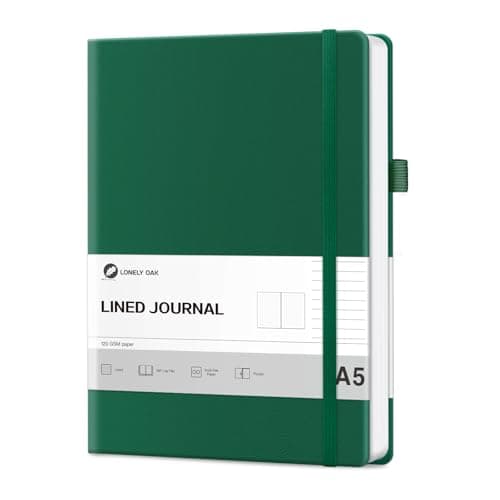 Image of Lonely Oak Lined Journal Notebook, A5 Hardcover Lined Notebook for Women & Men, 120GSM Acid-Free Paper with Leather Hardcover and Inner Pocket, Daily Diary Journal for Work(Green)