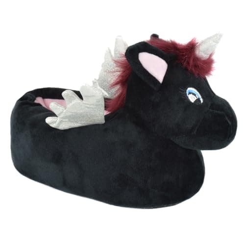 Image of Fashion Junction Ladies Womens Novelty Plush House Slippers - Warm Cosy Indoor - Llama - Grey Sloth - Black Unicorn (Black Unicorn, UK Footwear Size System, Adult, Women, Alpha, Medium, Large)