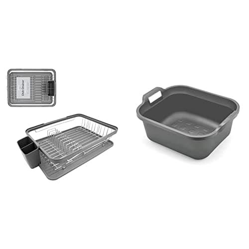 Image of Anika 69069 Kitchen Dish Drainer Rack / Separate Cutlery Holder / Grey Colour / 41 x 32 x 9.5cm & Addis 517935 Large Rectangular 10 Litre Washing Up Bowl with Handles, Metallic Silver, 39 x 32 x 14 cm