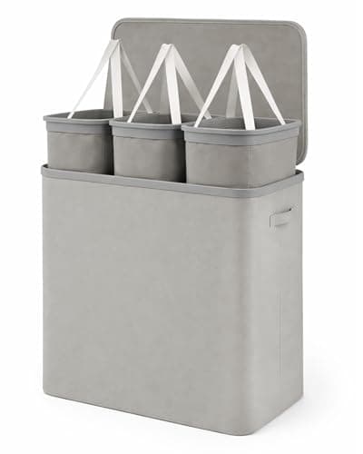 Image of Keplin Collapsible Triple Laundry Basket with Lid & Removable Liner – 170L 3-Compartments Clothes Sorter, Fabric Laundry Hamper with Handles, Easy Assembly, Stylish Storage for Home, 64x40x67cm, Grey