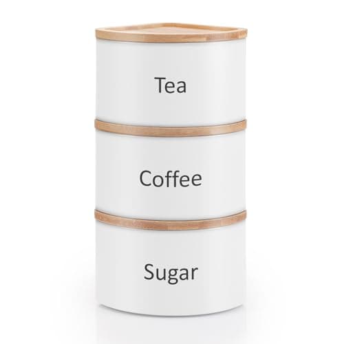 Image of EHC Tea Coffee Sugar Canister Set, Set of 3 Stackable Kitchen Canisters Sets, Airtight Jars Easy Open Corner Space Saving Design, White