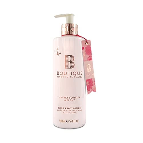 Image of Boutique Cherry Blossom & Peony Fragrance Hand & Body Lotion 500ml – Vegan Body Moisturiser with Essential Oils, Made in England – Lightly Scented Refreshing Hand & Body Care