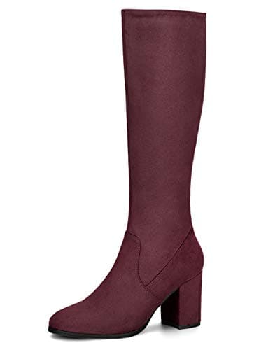 Image of Allegra K Women's Zipper Block Heels Knee High Boots Burgundy 6.5 UK/Label Size 8.5 US