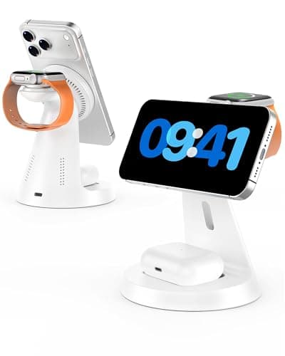 Image of Wireless Charger 3 in 1 Charging Station for iPhone: Magnetic Docking Station for iPhone 17/16/15/14/13/12 - Multi Charging Dock for Apple Watch & Airpods 4 3 2 Pro (Adapter Included) (White)
