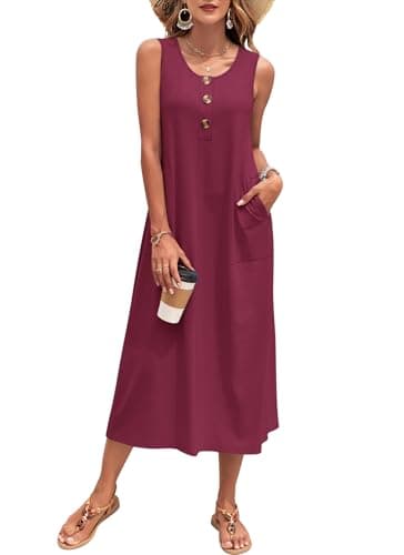Image of PLOKNRD Women's Summer Maxi Dress 2026 Sleeveless Button Down Casual Loose Beach Sundress Travel Vacation Outfits(Wine Red,2XL)