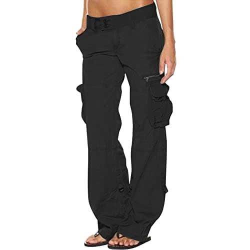 Image of TheSosy Cargo Trousers for Women Plus Size, Low Waist Walking Hiking Trousers Lightweight Cargo Pants Loose Fit Combat Work Trousers with Multi Pockets Stright Leg Low-Waist Flared Trousers UK Black