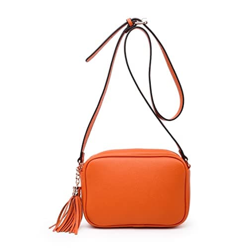 Image of She & Bags Women's Classic Design Lightweight Vegan Leather Crossbody Shoulder Handbag Practical Ladies Casual Messenger Handbag With Tassel Charm (Orange)