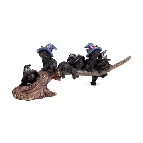 Image of Puckator Witches Black Cat Playing on Broomstick - Ornaments For The Living Room Home - Gothic Witch Gifts - Cute Goth Gifts For Women - Ornament Ornaments For Cat Lovers - Home Decor - Figurine