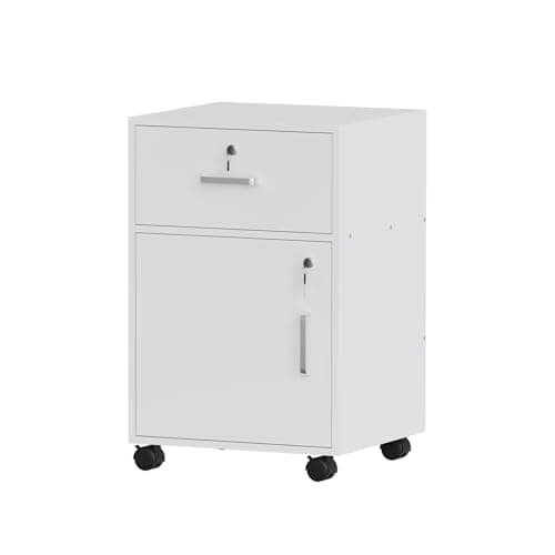 Image of NICEME Mobile File Cabinet with Drawer Under Desk Storage Unit with Lock,Office Drawer Pedestal, Assembly Required (1 Drawer, 1 Door, White)
