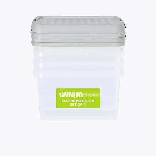 Image of Wham Clip 4 x 9L Square Stackable Plastic Storage Boxes with Lids | Ideal for Home, Office, Toys & More | Storage Containers with Clip Locks | Made in UK - Clear/Stone